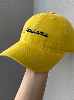 韩式休闲风黄色软顶棒球帽男女宽檐户外百搭遮阳字母鸭舌帽显脸小