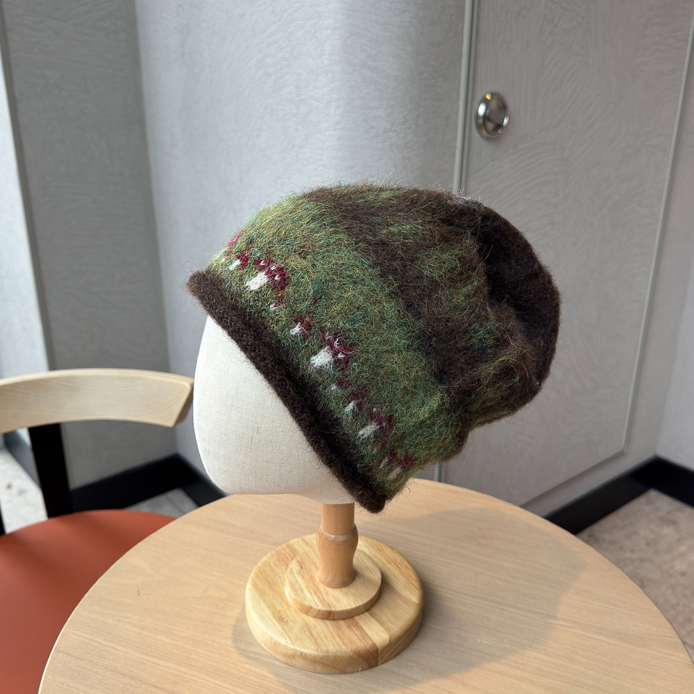 费尔岛风提花保暖针织毛线帽子女