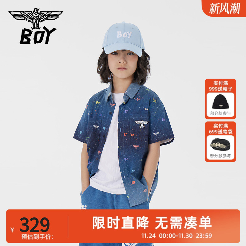 BOY 童装儿童短袖衬衫春夏字母印花深蓝牛仔色上衣男童女童