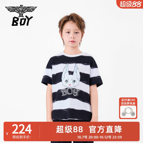 BOY童装26夏新品卡通印花条纹纯棉短袖T恤男女宽松圆领针织衫黑白