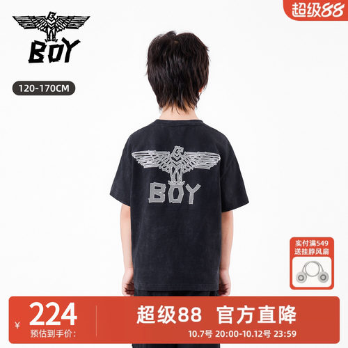 BOY童装夏季新品短袖T恤男黑色印花圆领宽松街头潮牌上衣