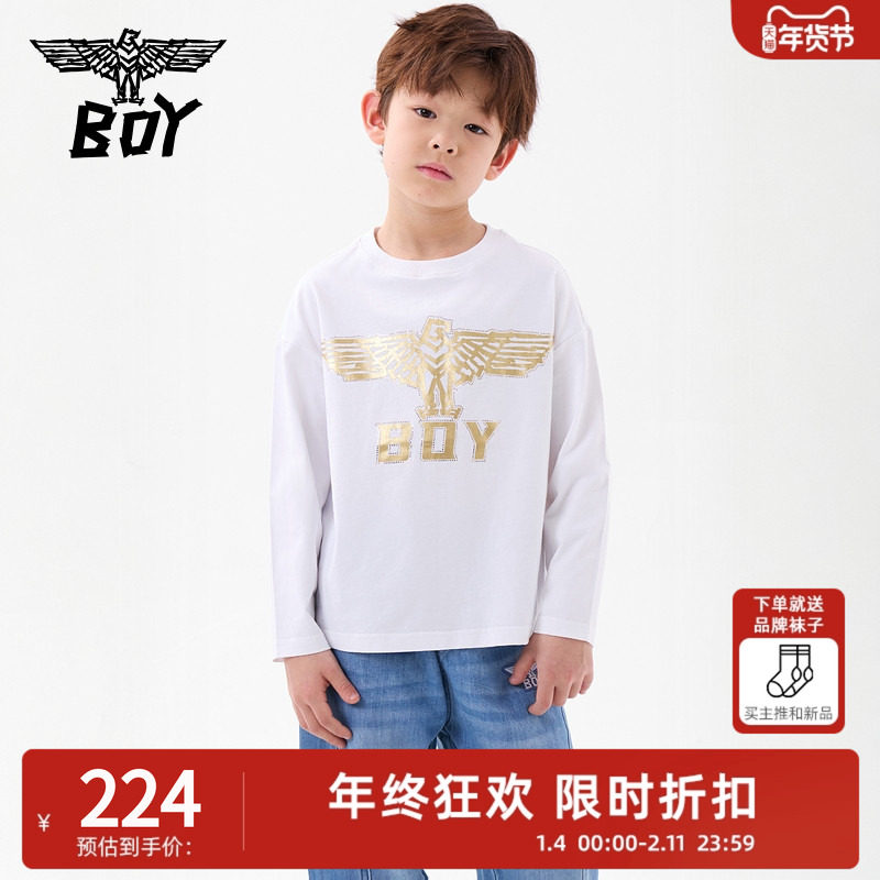 BOY童装 25春秋季儿童潮牌上衣金色老鹰翅膀休闲百搭圆领长袖T恤,童装/婴儿装/亲子装,T恤,淘宝优惠券,粉丝福利购,淘宝优惠卷