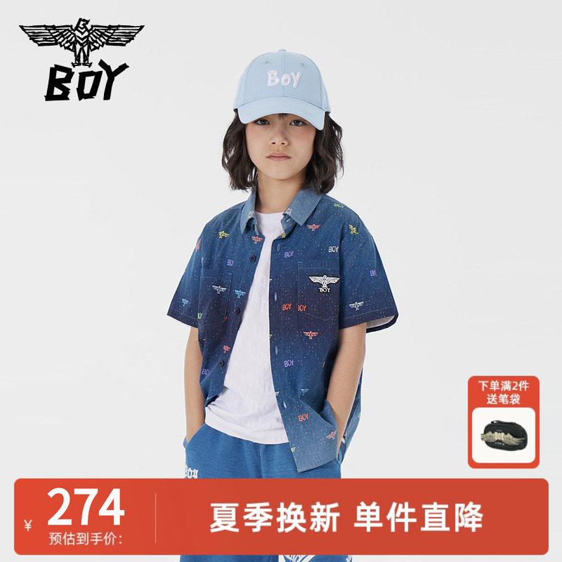 BOY 童装儿童短袖衬衫春夏字母印花深蓝牛仔色上衣男童女童