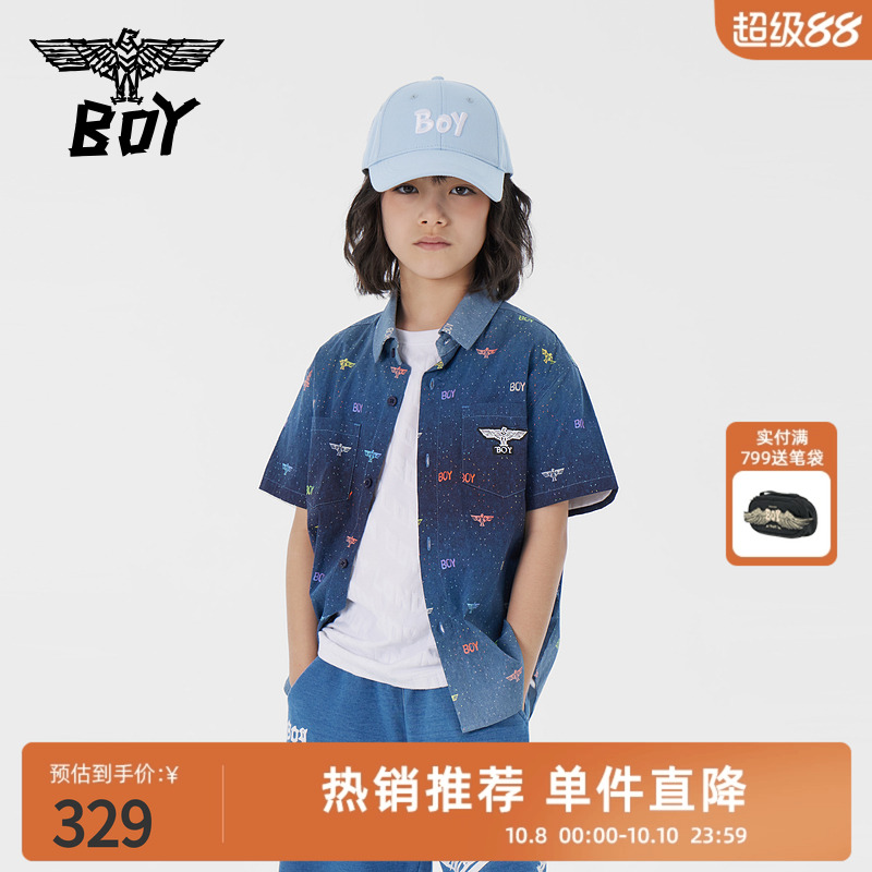 BOY 童装儿童短袖衬衫春夏字母印花深蓝牛仔色上衣男童女童