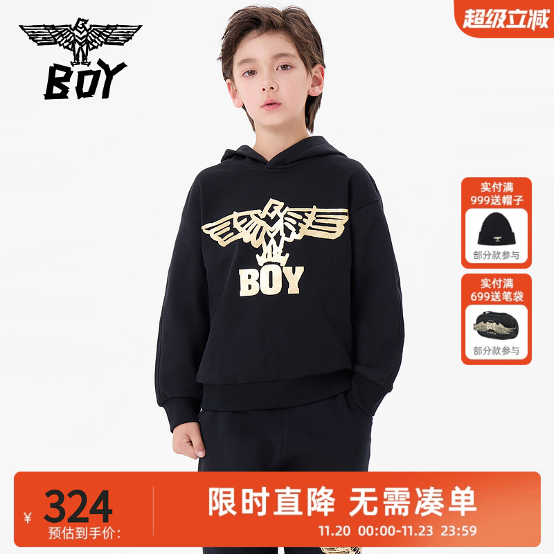 BOY童装 秋冬烫金翅膀时髦潮酷长袖连帽套头卫衣男童女童