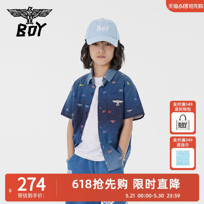 BOY 童装儿童短袖衬衫春夏字母印花深蓝牛仔色上衣男童女童