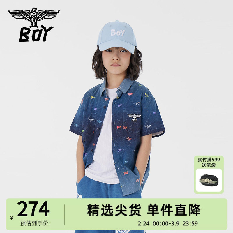 BOY 童装儿童短袖衬衫春夏字母印花深蓝牛仔色上衣男童女童