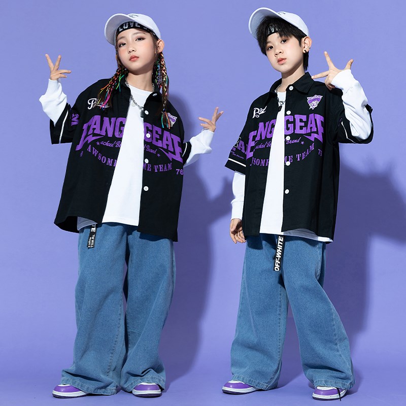儿童街舞服套装男童酷帅衬衫牛仔裤嘻哈演出服女童爵士舞走秀服装
