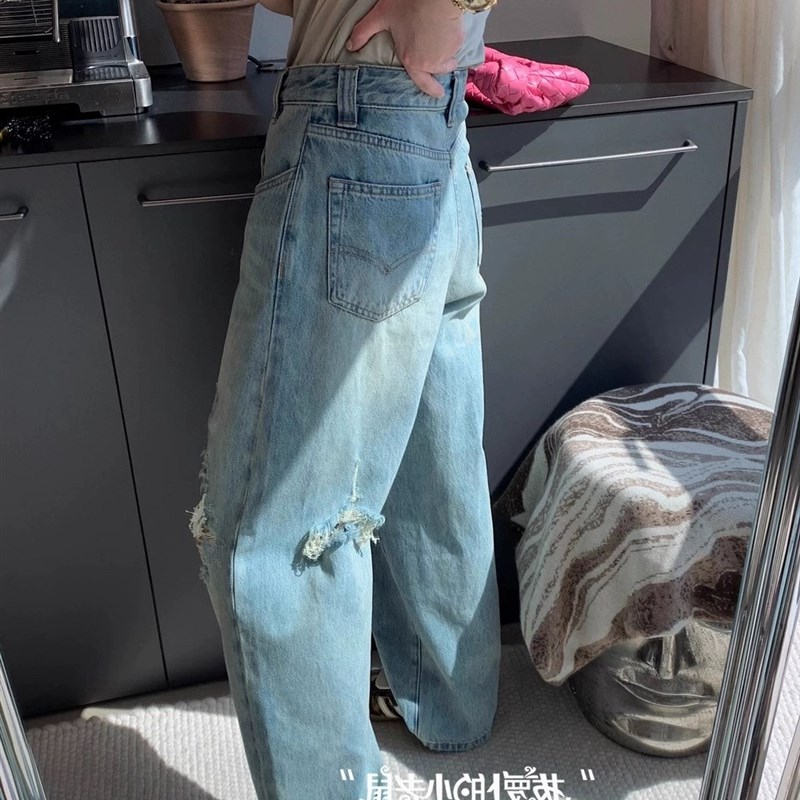 大碗plus定制大码女装微胖水洗破洞阔腿牛仔夏高腰宽松显瘦老爹裤