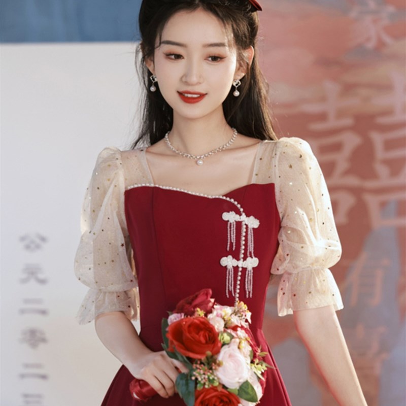 敬酒服新娘小个子春秋酒红色结婚小礼服女订婚回门连衣裙平时可穿