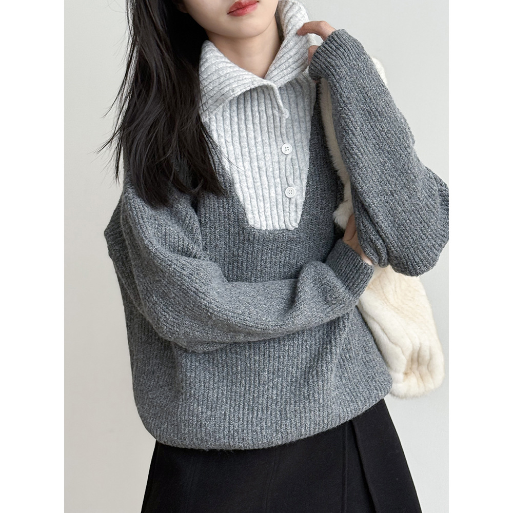 言双 拼色翻领毛衣针织衫女 冬季韩系感时尚软糯上衣p6623