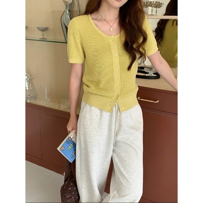 3th Morning 早春新款 小众镂空肌理U领短袖针织开衫ZY3927