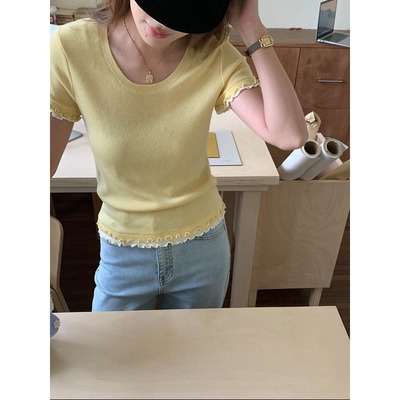 3th Morning 早春新款 撞色双层木耳边修身针织衫短袖ZY3928