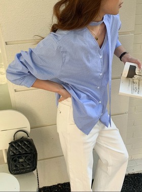 3th Morning 早春新款 韩系飘带V领宽松蓝色格纹衬衫ZY3890