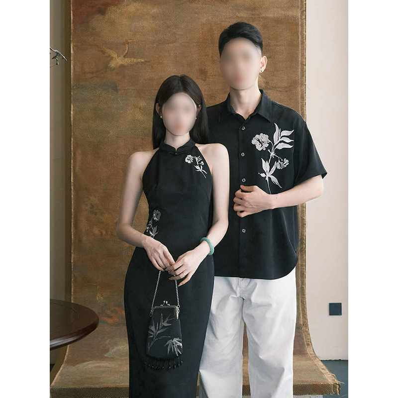 连衣裙女夏黑色旗袍高级感