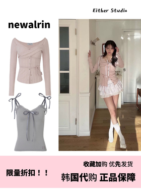 [现货] 韩国newalrin打底衫上衣蝴蝶结吊带叠穿一字领修身长袖女