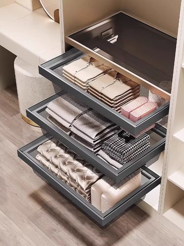 衣柜拉篮抽屉式滑轨推拉篮衣帽间家用裤架伸缩储物收纳篮密网拉篮