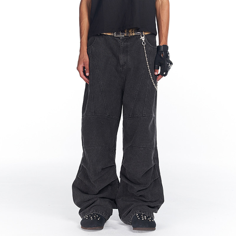 褶皱直筒牛仔裤PRDX水洗做旧秋季