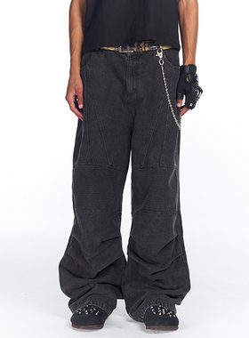 PRDX秋季新款美式潮流机车直筒宽松水洗阔腿拖地做旧机能牛仔裤