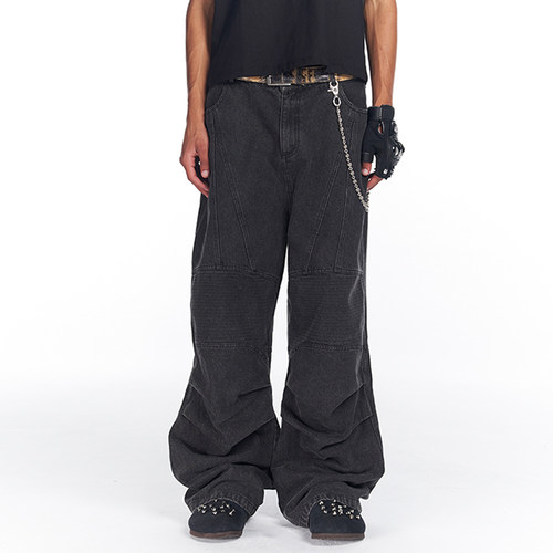 褶皱直筒牛仔裤PRDX水洗做旧秋季