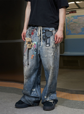 PRDX3D数码印花高街美式潮流做旧复古宽松直筒阔腿拖地牛仔裤长裤