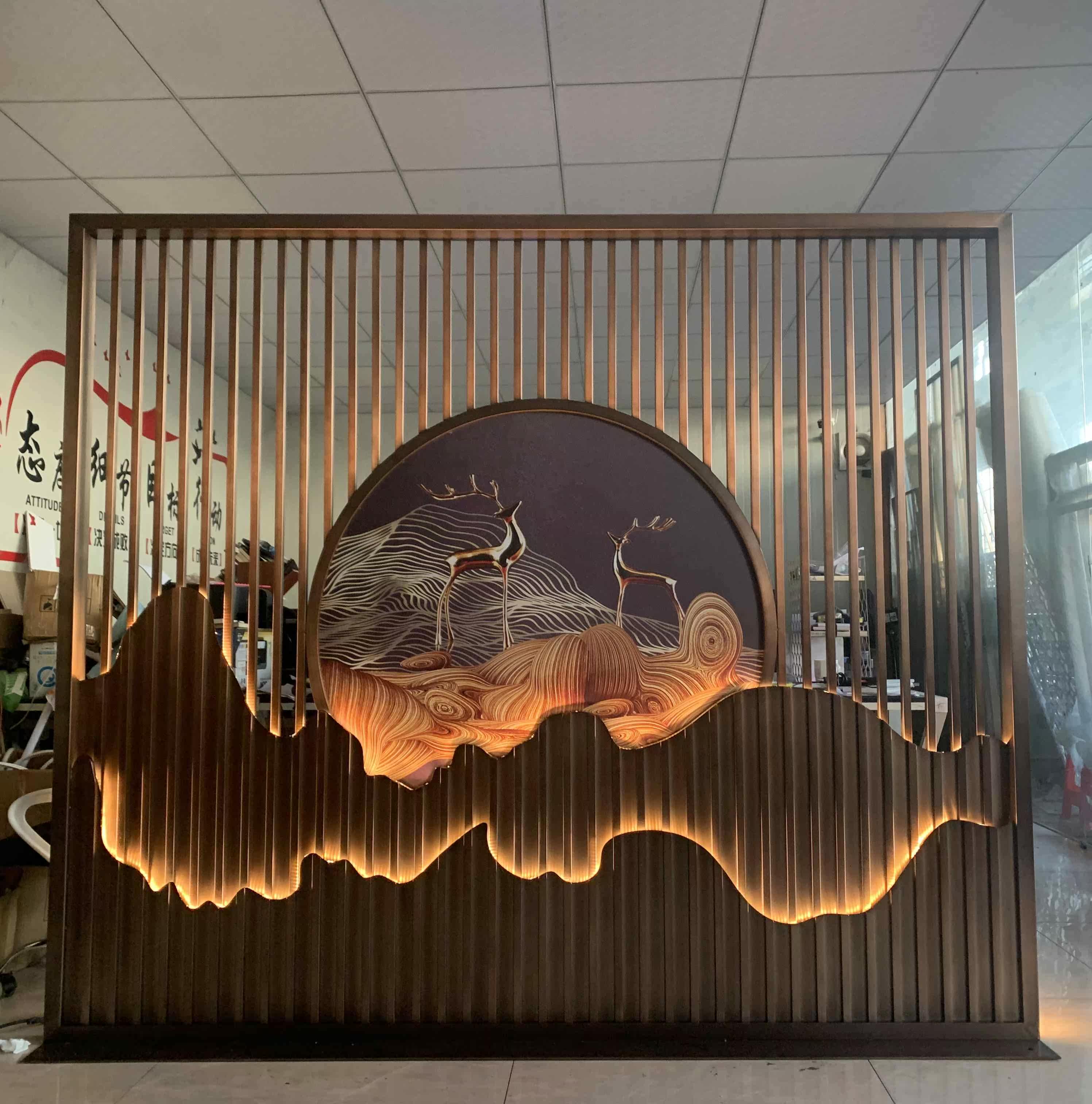 不锈钢屏风山水背景墙隔断现代简约新中式庭院酒店售楼部轻厅玄关