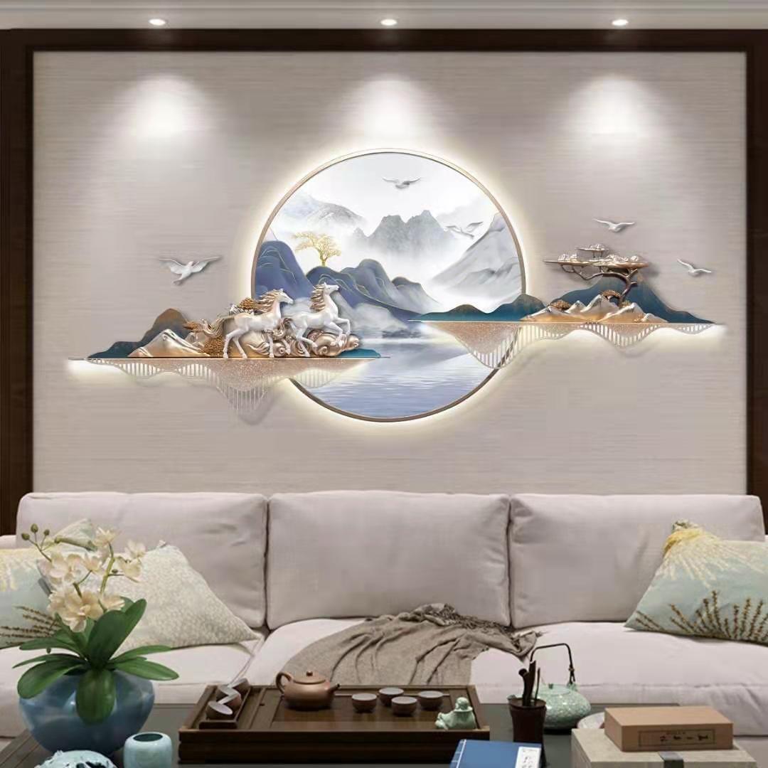 新中式客厅装饰画沙发背景墙卧室墙面装饰3d立体禅意圆形山水挂画图片