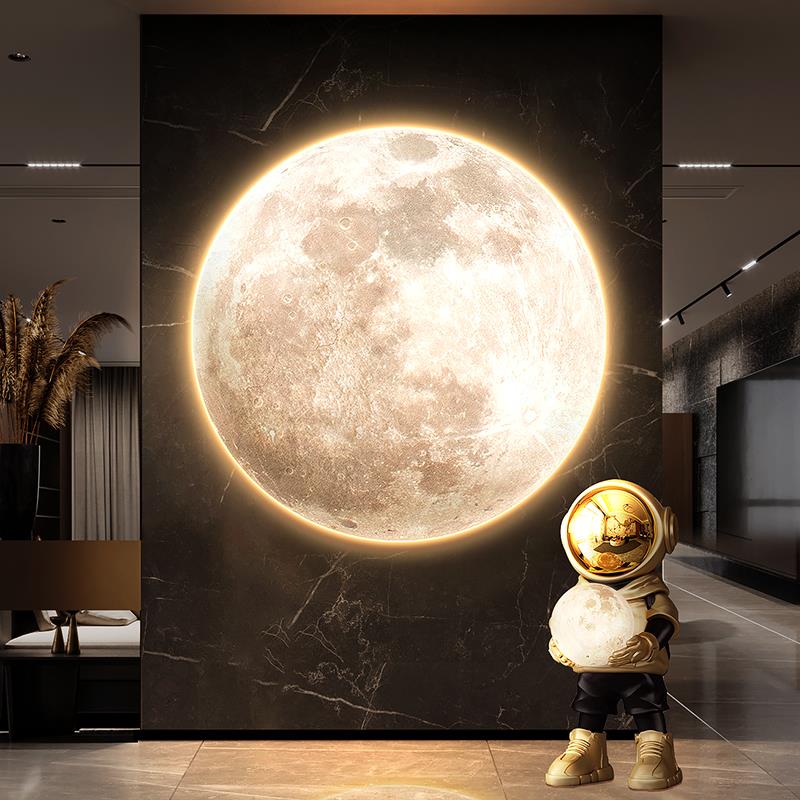 现代简约月球玄关装饰画星球卧室壁灯画轻奢背景墙LED发光挂画圆