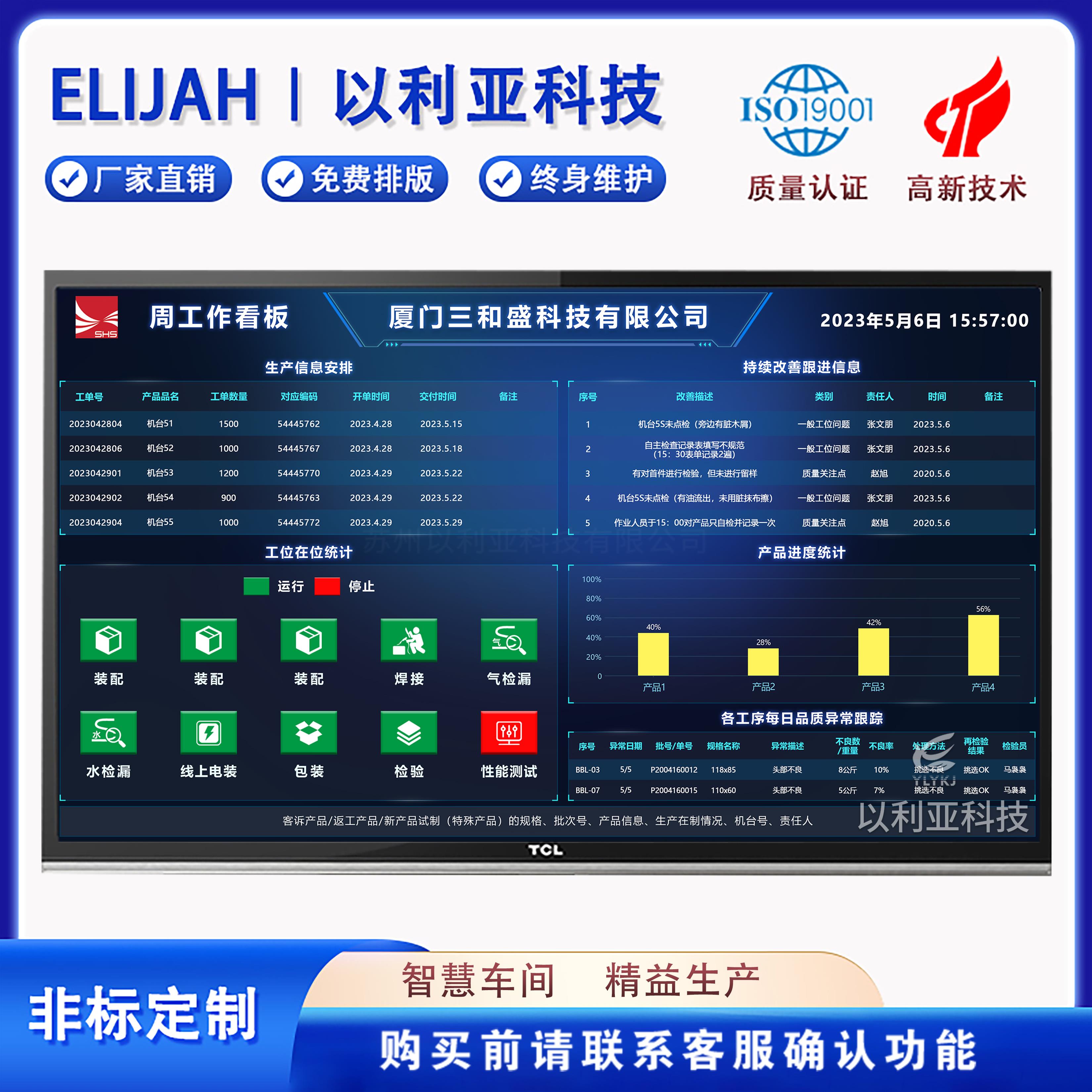 定制MES系统智能生产管理系统LED显示屏生产任务单信息可视化看板