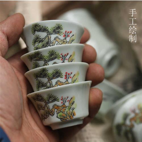 老潮州松鹤六角功夫茶杯浮雕高温釉下彩小品茗茶具工夫绿色陶瓷