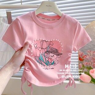 女童夏季 T恤 短袖 纯棉儿童上衣抽绳洋气女孩衣服珍珠爱心甜美新款