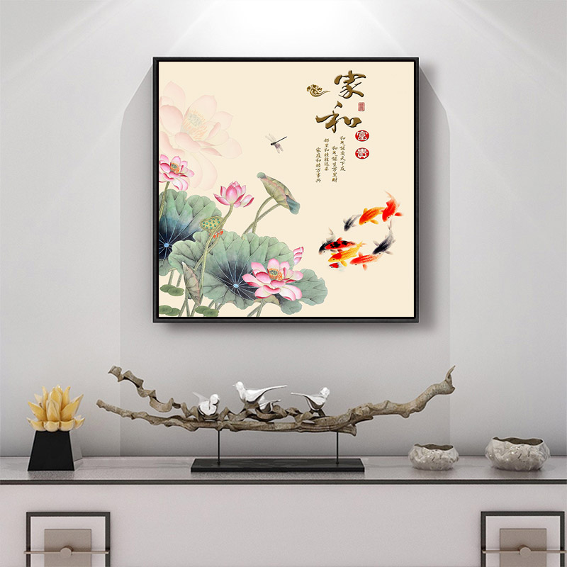 荷花装饰画正方形养生馆挂画客厅玄关走廊壁画禅意饭店墙面莲花画图片