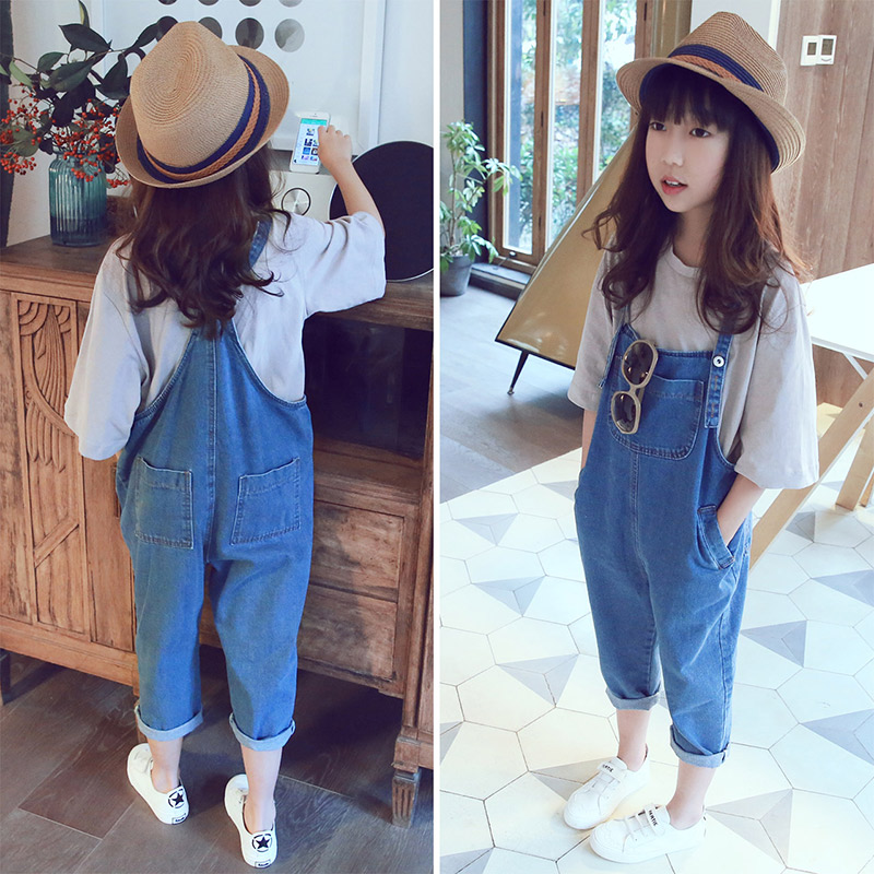 女童背带裤套装夏2021新款洋气中大童秋装两件套牛仔裤子春秋薄款