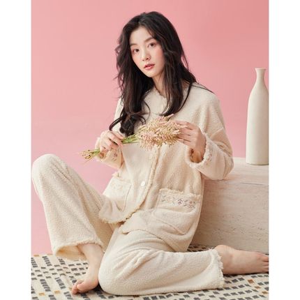 珊瑚绒睡衣女秋冬季高级感开衫甜美中国风家居服春秋加厚薄绒套装