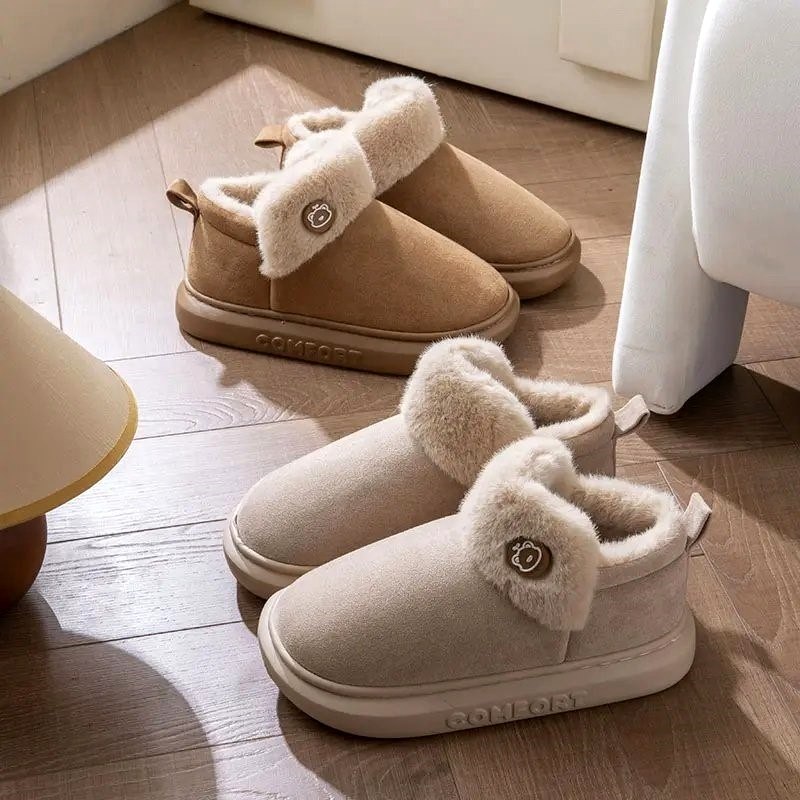 高帮毛棉拖鞋男女包跟秋冬季情侣室内有带后跟棉鞋厚底居家用保暖