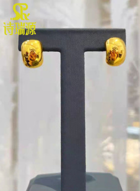 5D硬金无氰黄金豆豆耳钉999足金镜面时尚耳环纯金亮面耳饰送女友