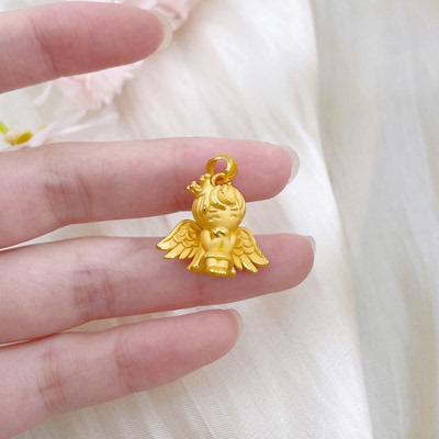 黄金天使宝宝吊坠999足金幸运小天使项链新款皇冠小仙女挂坠正品