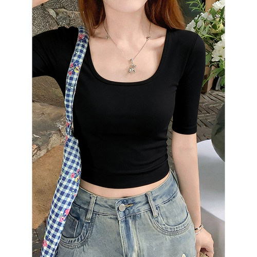 0811e纯欲黑色领锁骨短袖T恤女夏季薄款中袖修身紧身显瘦高腰短款