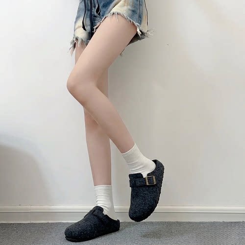 Trends！2026棉拖秋冬女增高半拖一脚蹬包头毛呢勃肯鞋外穿懒人