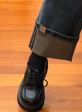 Trends！黑色英伦风粗跟厚底小皮鞋女2024新款秋季百搭玛丽珍单鞋