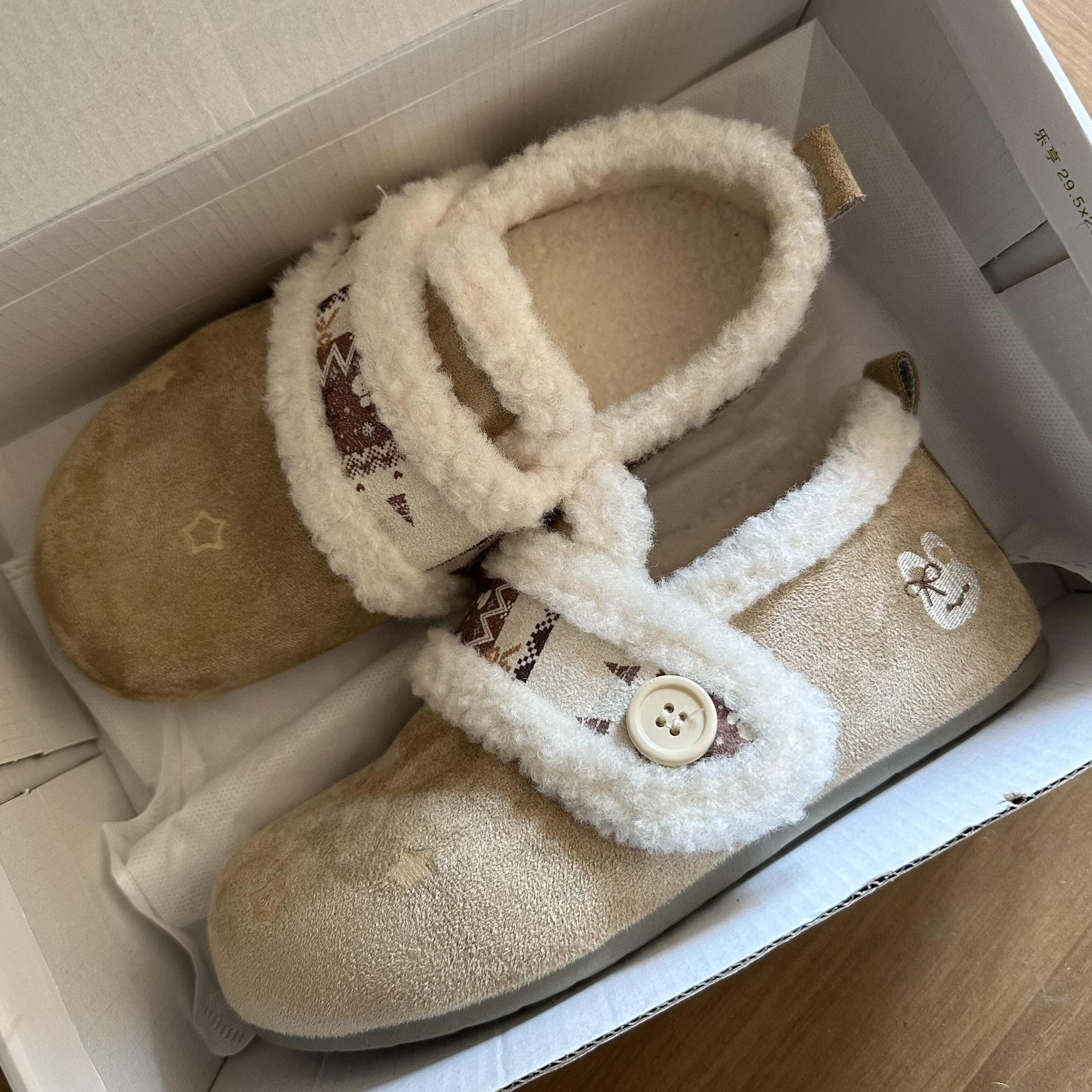 Trends！星星印花加绒保暖棉鞋2025冬季博肯脚蹬搭扣低帮毛毛鞋女