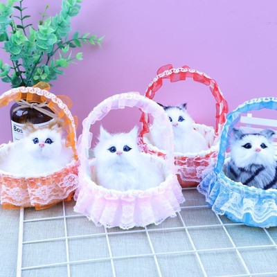 吊篮猫咪公仔模型摆件可爱仿真迷你篮子里的小猫毛绒玩具会叫玩偶