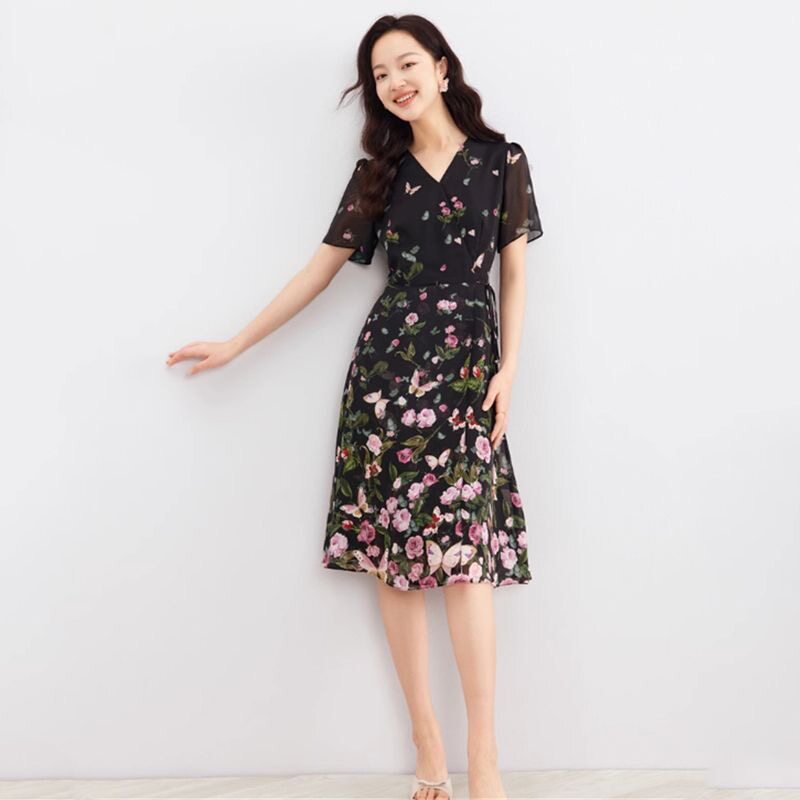 珂莱蒂家2025年夏季商场同款桑蚕丝真丝印花茶歇法式浪漫连衣裙子