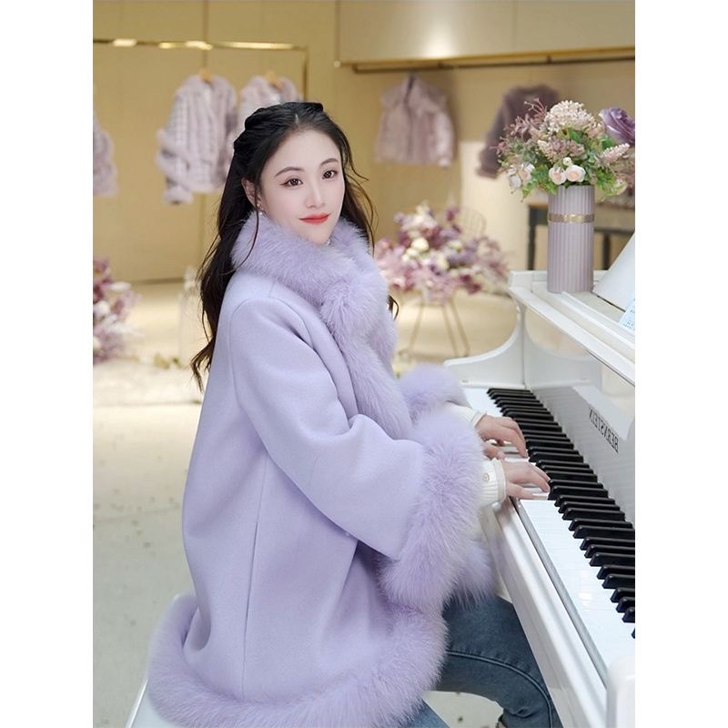 抖音同款鹅绒服狐狸毛领2023新款毛呢大衣拼接羽绒服外套（现货）