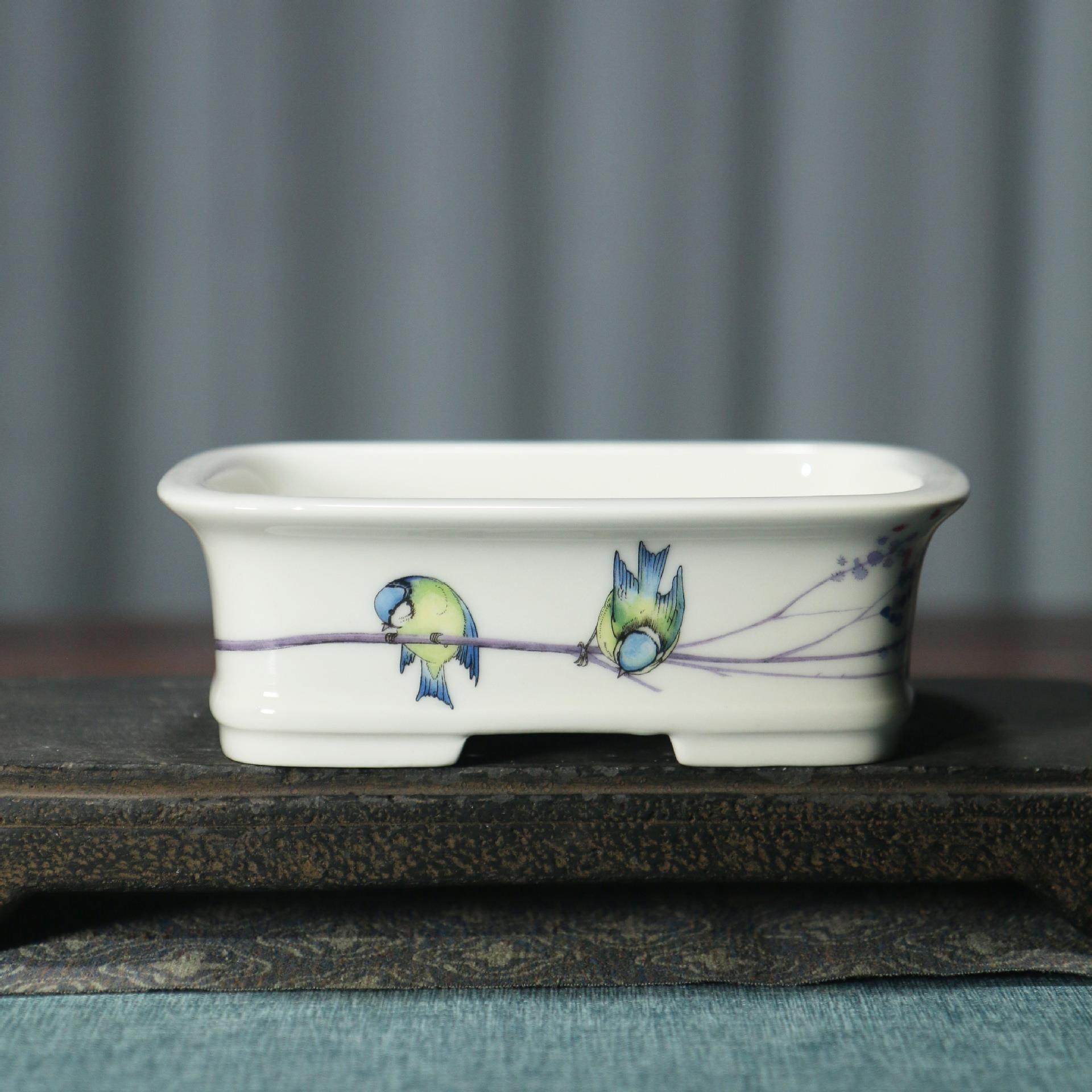 紫砂花盆长方形陶瓷盆景盆彩绘手绘贴绘鸟趣白泥瓷盆觅陶乡古典盆,家居饰品,花盆,淘宝优惠券,粉丝福利购,淘宝优惠卷