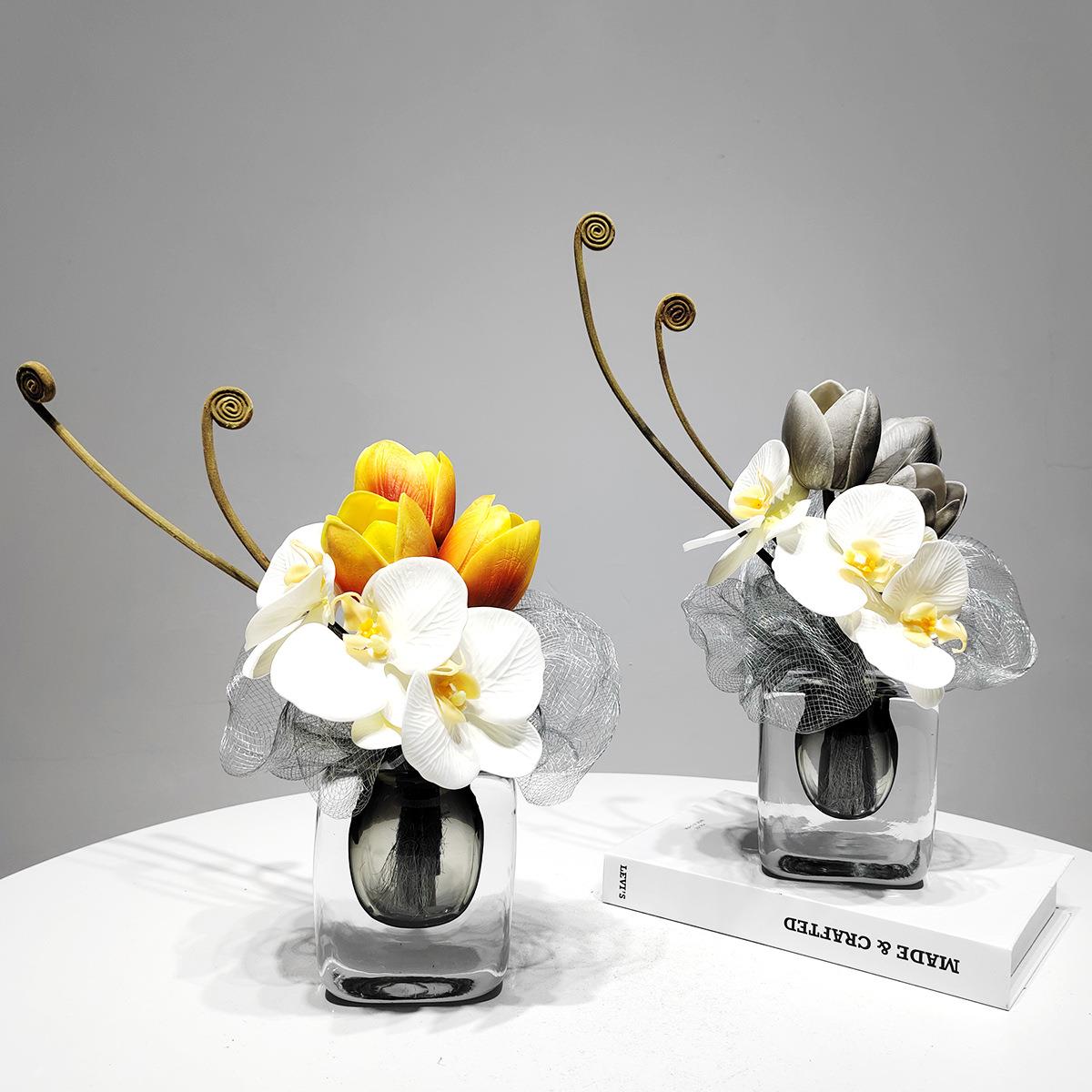 现代轻奢灰色水晶花器仿真蝴蝶兰高端花艺摆件客厅茶几洽谈桌花艺