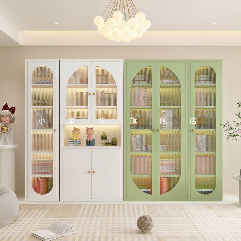 W8奶油风铁艺书柜玻璃门客厅置物柜简约家用收纳展示柜储物柜落地,电子元器件市场,其它元器件,淘宝优惠券,粉丝福利购,淘宝优惠卷