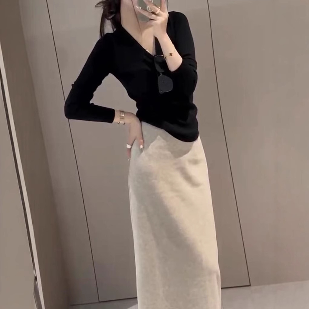 英国coopkoop秋季新款黑色v领t恤打底衫高腰修身半身裙女