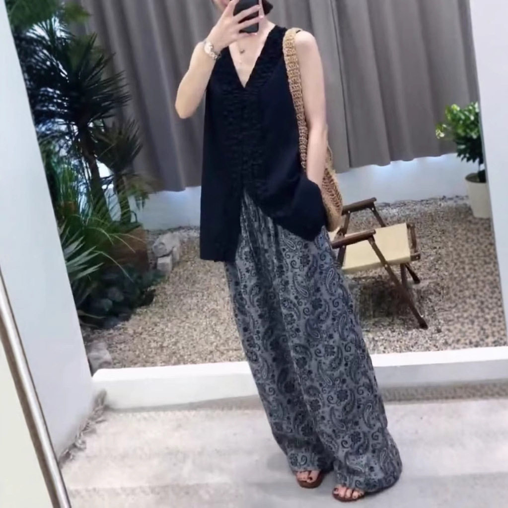英国coopkoop夏季新法式立体花瓣v领无袖上衣印花阔腿裤女
