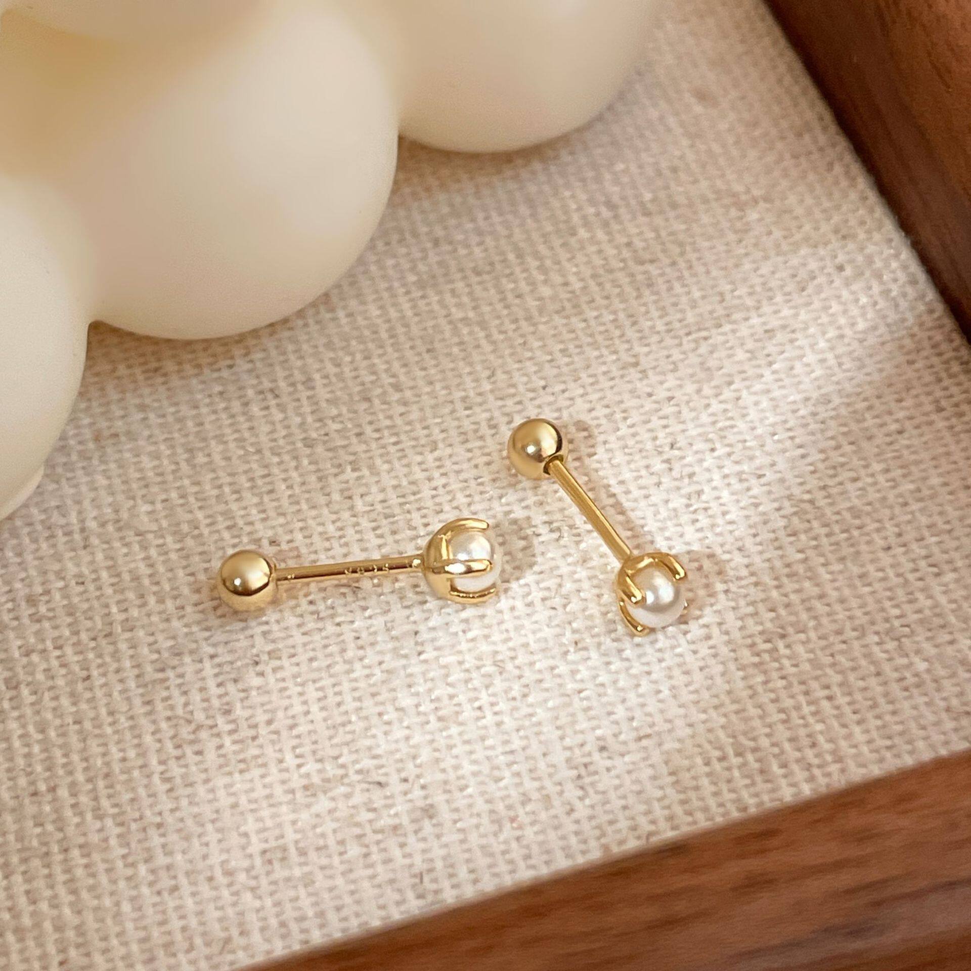国风china chic s925银镀18k金 仿珍珠螺纹耳钉女养耳洞精致迷你